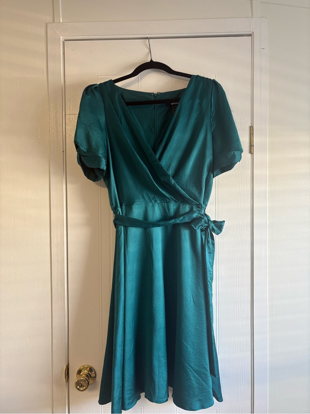 DKNY Teal Satin Wrap Midi Dress Size 12 Holiday Christmas Party Dress
